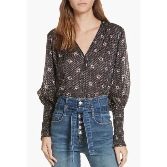 Veronica Beard Maree Smock Cuff Silk Blouse Black Silk Size 6 MSRP $450 - Picture 1 of 14